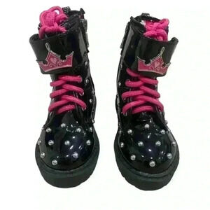 DISNEY CRUELLA DE VIL Black Patent Leather Studded Kids Boots‎ Shoes Pink Size 7